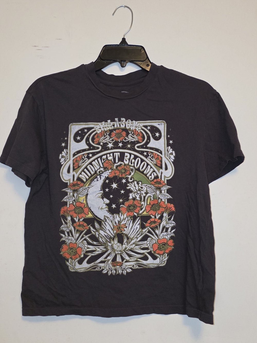 Billabong Black Graphic Tee with Red and White Floral Moon Art